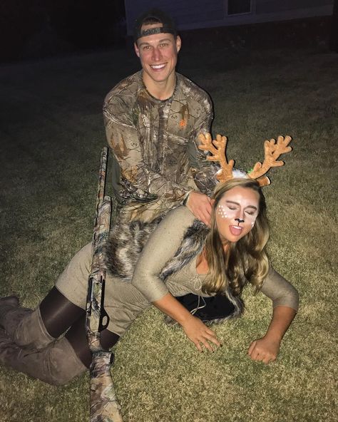 Inspiration & Accessories: DIY Hunter & Deer Halloween Couple Costume Idea - #DeerCostume #deercouples #Halloween2017 #deermakeup Deer And Hunter, Bambi Halloween Costume, Hunter And Doe Couple Costume, Deer Hunter Couple Costume, Hunter And Animal Halloween Costume, Halloween Costume Deer And Hunter, Deer And Hunter Couples Costume, Deer And Hunter Costume, Bambi Costume