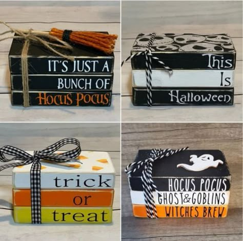 Fake Books Decor Diy Halloween, Diy Bookstacks Wood, Halloween Wood Book Stacks, Dollar Tree Stacked Books, Halloween Decor To Sell, 2x4 Halloween Projects, Halloween Book Stack Diy, Halloween Shelf Sitters, Diy Wooden Halloween Decor