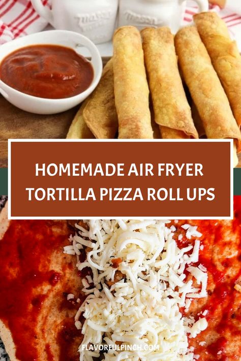 These homemade easy Air Fryer Pizza Roll Ups are so easy to throw together for a snack, party, or game day appetizer. With just 5 simple ingredients(string cheese, pepperoni, pizza sauce, flour tortillas, and olive oil), you can have these ready to eat in no time! PNew Air Fryer Recipes, Air Fryer Recipes Snacks Crescent Roll Pizza Rolls Air Fryer, Air Fryer Flour Tortilla Recipes, Air Fryer Garlic Bread Tortilla, Air Fryer Tortilla Roll Ups, Pizza Tortilla Air Fryer, Pizza Rolls With Tortillas, Tortilla Shell Pizza, Flour Tortilla Pizza Recipes, Pizza Roll Ups Tortilla