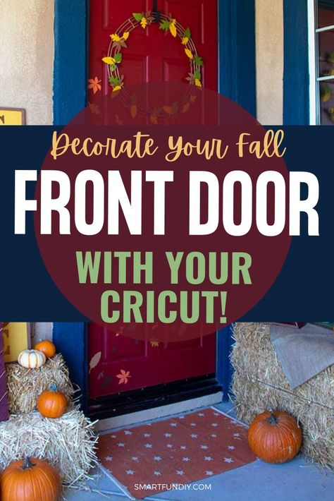 Your FRONT DOOR is more than just a place to put a wreath - learn how to use your Cricut to make vinyl decals to decorate your front door, tall skinny wood signs to set on your front porch, and how to cut felt with your Cricut to make a pretty minimal leaf wreath. You can make your front door ready for FALL with your Cricut Maker and the Cricut Maker Tools. FULL photo tutorials with step-by-step directions for you to follow. Front Porch Inspiration, Diy Vinyl Projects, Fall Front Door, Blue Pumpkins, Work Diy, Fall Front, Ready For Fall, Cricut Craft Room, Leaf Wreath