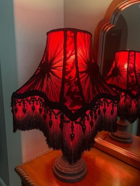 Victorian Lamps, Victorian Lampshades, Dark Home Decor, Goth Home, Goth Home Decor, Dark Home, Red Beads, Dreamy Room, Dream Room Inspiration