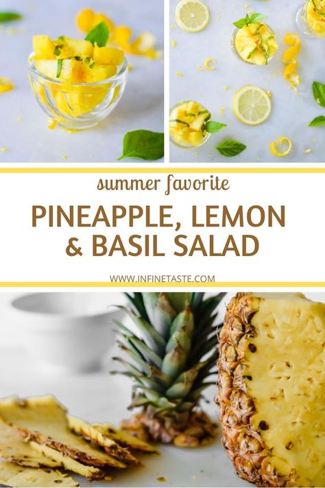 Pineapple Basil Salad is a fresh and flavorful blend of pineapple, lemon and basil. It's an easy salad or appetizer with only 3 ingredients -- perfect any time of the year!   #sidesalads #fruitsalads #bbqsides #sidedish #healthysaladrecipes #sidedishesforbbq #bestsidedishes #bbqsidedishes #summersalads #simplesaladrecipes  Attachments area Plexus Recipes, Pineapple Salad Recipes, Pineapple Basil, Basil Salad, The Best Appetizers, Pineapple Salad, The Best Salad, Summer Eats, Bbq Side Dishes