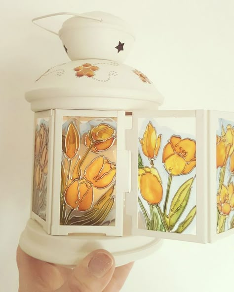 Lantern Candle Holder, Glass Painting Patterns, Lantern Candle, Glass Painting Designs, Forest Decor, Stained Glass Diy, Stained Glass Crafts, Faux Stained Glass, Glass Lantern