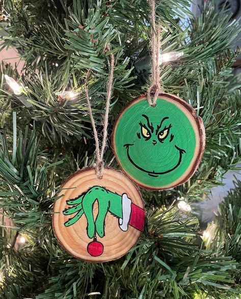 Grinch Painted Ornaments, Wood Slice Ornament Kids Fingerprint, Wood Slice Art Christmas Grinch, Hand Painted Grinch Ornament, Grinch With Mask Orbament, Business Logo Stamp, Grinch Ornaments, Rear View Mirror Decor, Painted Christmas Ornaments