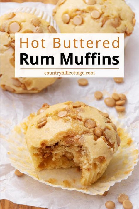 These homemade butter rum muffins are moist and tender, loaded with plenty of gooey butterscotch chips, and so easy to make! The butter muffins are just the thing to kick off your morning for breakfast or to enjoy as a snack in the afternoon. They have the most tender, moist crumb ever and are studded with butterscotch chips and literally injected with rum. Plus, you can have them ready in under 30 min. Hot buttered rum muffins can also be made with rum extract. | CountryHillCottage.com Hot Buttered Rum Muffins, Lunchlady Brownies, Butter Rum Muffins, Rum Muffins, Farm Breakfast, Inn Recipes, How To Make Butterscotch, Butterscotch Desserts, Breakfast Coffee Cake