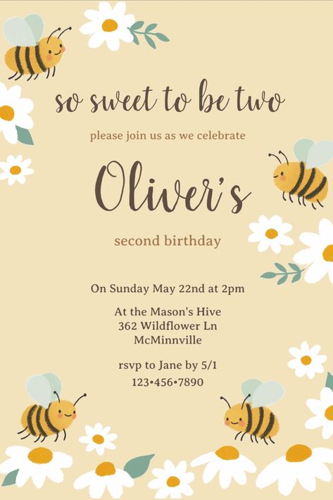 Daisy And Bee Themed Birthday Party, Bee And Daisy Birthday Theme, Daisy And Bee Birthday, Yellow Themed Birthday Party, Birthday Bee Theme, Bumble Bee Invitations, Bumble Bee Birthday Party, Kids Birthday Invitation Card, Birthday Colors