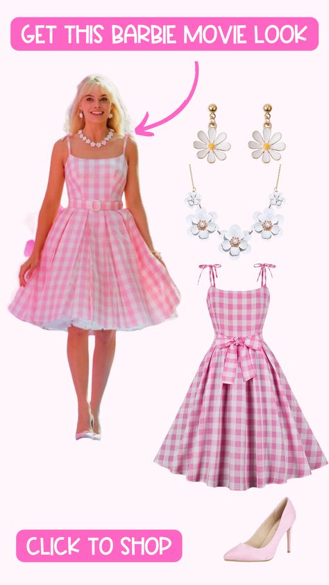 Barbie Movie Gingham Dress, Barbie Outfits Movie 2023, Barbie Plaid Dress, All Of Barbies Outfits, Modest Barbie Costume, Barbie Custom Outfits, Barbie Movie Looks, Barbie Dress Costume, Barbie Gingham Dress