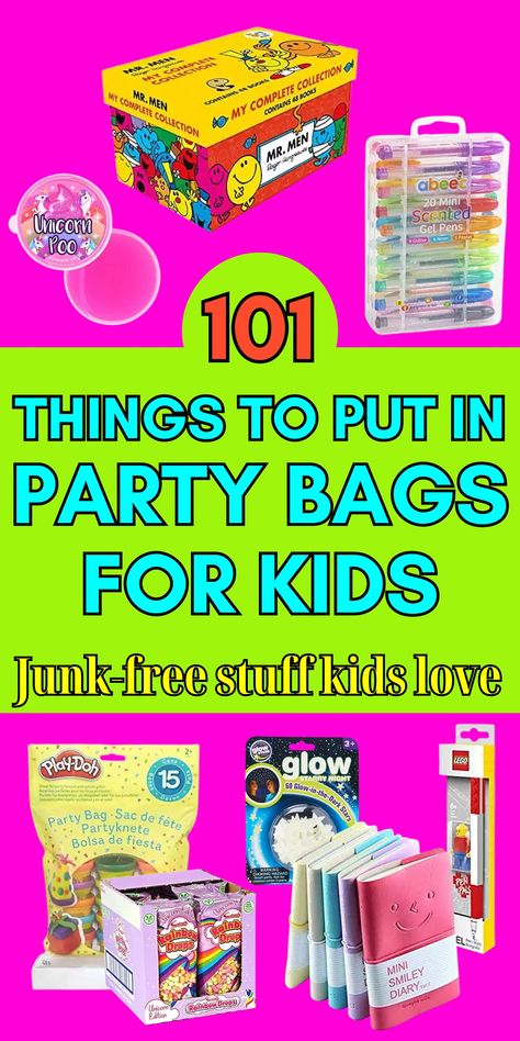 Here is a list of 101 of the best party bag filler ideas for kids parties and kids birthday parties. If you are planning a kids' party and looking for ideas on what to put in kids party bags, I've got all the party bag filler ideas you'll ever need!! Yep, I've put together a big list junk-free, party favours that make great party bag fillers for kids party bags. Lolly bag ideas that kids will love, for kids and tweens to enjoy. Great for birthday party loot bags and alternatives to party bags. Party Bag Filler Ideas, Kids Party Gift Bag Ideas, Loot Bag Ideas, Birthday Party Gift Bag Ideas, Diy Kids Party Favors, Lego Party Favors, Kids Party Bags, Diy Kids Party, Kids Party Bags Fillers