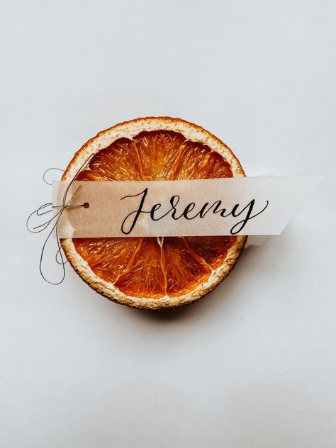 Orange Slice Name Card, Thanksgiving Table Name Tags Diy, Orange Slice Place Card, Dried Orange Name Card, Dried Fruit Decorations Wedding, Church Tables, Dehydrated Orange Slices, Citrus Wedding, Terracotta Wedding