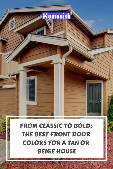 Your front door is the first thing visitors see when they come to your home, so why not make a statement? In this article, we'll explore the best front door colors for a tan house, from classic neutrals to bold and bright hues. Whether you're looking to add a pop of color or keep it understated, we've got you covered. Tan House Front Door Color, Front Door Paint Colors For Tan House, Door Colors For Tan House, Front Door Colors With Tan House, Tan Exterior House Colors, Tan House Exterior, Bright Front Doors, Brown Front Doors, Orange Front Doors