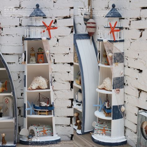 Lighthouse Bathroom, Cd Shelf, Wood Lighthouse, Cd Rack, Lighthouse Decor, Nautical Bathroom Decor, Mediterranean Style Home, Mediterranean Style Homes, Sea House