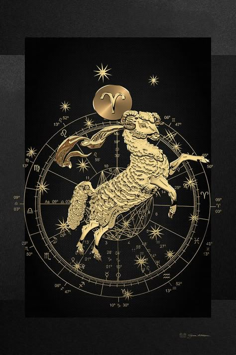 Zodiac Digital Art - Western Zodiac - Golden Aries -the Ram On Black Canvas by Serge Averbukh Zodiac Digital Art, April Zodiac Sign, Aries The Ram, Aries Art, On Black Canvas, Bull Tattoos, Aries Sign, Aries Facts, Astrology Art