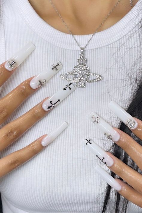 Bella Extra XXLONG SET Check more at https://mangadexx.com/bella-extra-xxlong-set/ Milky White Nails With Black Design, Acrylic Nail Designs Classy, Cute Nail Art Designs, Classy Acrylic Nails, Acrylic Nails Coffin Pink, Almond Acrylic Nails, Nails Only, Long Square Acrylic Nails, Nail Swag