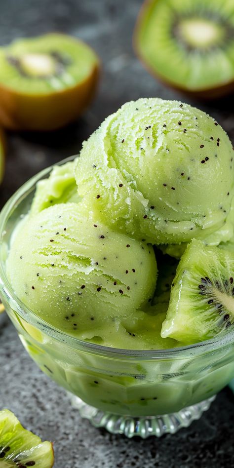 Kiwi Sorbet [25 Minutes] – Chasety Kiwi Sorbet Recipe, Kiwi Sorbet, Kiwi Dessert, Homemade Sorbet, Kiwi Recipes, Fruit Sorbet, Handmade House, Ice Cream Maker Recipes, Homemade Ice Cream Recipes