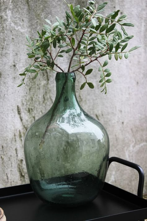 Antique demijohns' oversized scale and vintage charm bring a bit of drama to your decor. Find out how to decorate them as well as where to find them!--->#maisondecinq #antiques #antiquebottle #antiquedemijohn #frenchdemijohn #demijohn #frenchcountry #countryfrench #frenchfarmhouse #winebottle #antiquewinebottle #decoratingwithantiques #farmhousestyle #farmhousedecor Green Glass Bottles, Recycled Glass Bottles, Vintage Bottles, Green Vase, Deco Floral, Cool Ideas, Bottle Vase, Bottles And Jars, Recycled Glass