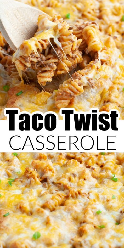 Quick And Easy Weeknight Dinners Simple, Mexican Casserole With Pasta, Taco Rotini Pasta, Taco Casserole Bake With Noodles, Taco Twist Casserole, Taco Hot Dish Casserole Recipes, Simple Pasta Bake Recipes, Ground Beef Rotini Recipes, Italian Pasta Casserole Recipes