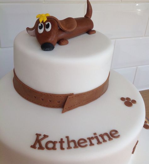 Sausage dog cake Sausage Dog Cake Topper, Sausage Dog Birthday Cake, Dachshund Cake Ideas, Sausage Dog Cake, Dachshund Cake, Dog Themed Birthday Party, Dog Cake Topper, Dog Birthday Cake, Creative Baking