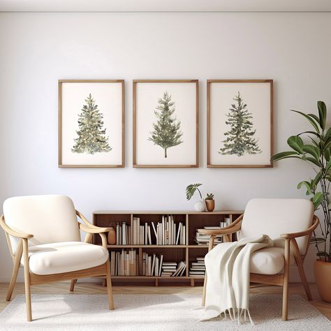 Christmas Tree Wall Art Set of 3 3 Piece Christmas Wall Art - Etsy Living Room Wall Christmas Decor Ideas, Christmas Accent Wall, Christmas Wall Gallery, Christmas Wall Art Ideas, Christmas Sideboard Decor, Christmas Wall Decorations Ideas, Diy Christmas Wall Art, Christmas Wall Decor Ideas, Christmas Interior Design