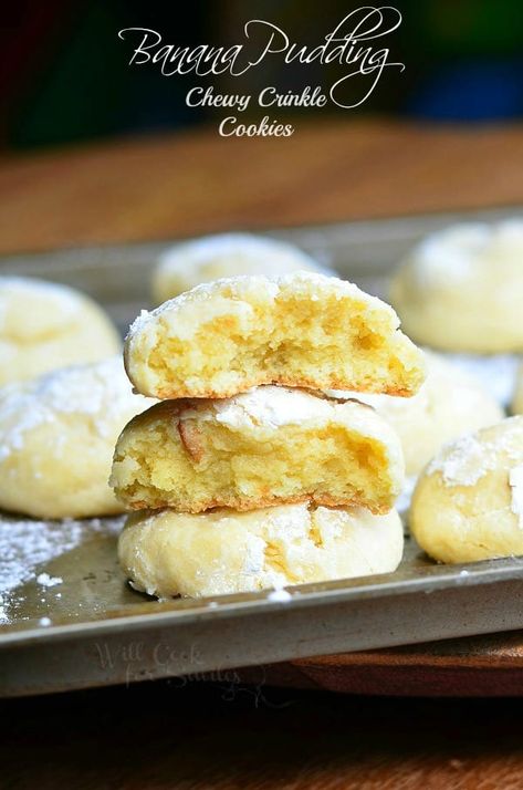 Banana Pudding Chewy Crinkle Cookies 4 from willcookforsmiles.com Easy Banana Pudding Recipe, Banana Pudding Cookies, Magnolia Bakery Banana Pudding, Will Cook For Smiles, Easy Banana Pudding, Banana Pudding Cake, Best Banana Pudding, Pudding Cookies, Crinkle Cookies