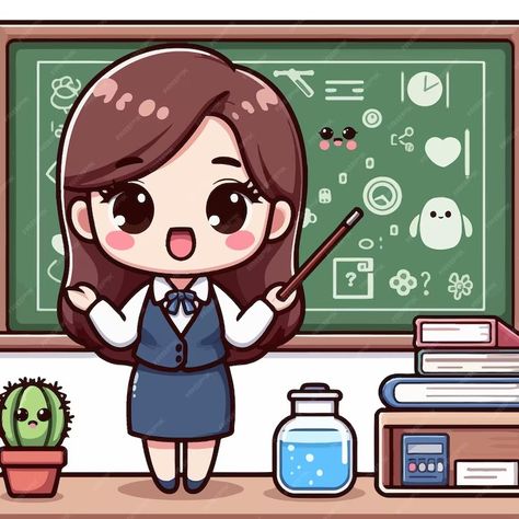 Premium Vector | A girl is standing in front of a chalkboard with a pencil in her hand Chibi Teacher, Education Illustration, About A Girl, Happy Teachers Day, Stationery Templates, Business Card Maker, Flyer Maker, Poster Maker, Card Banner