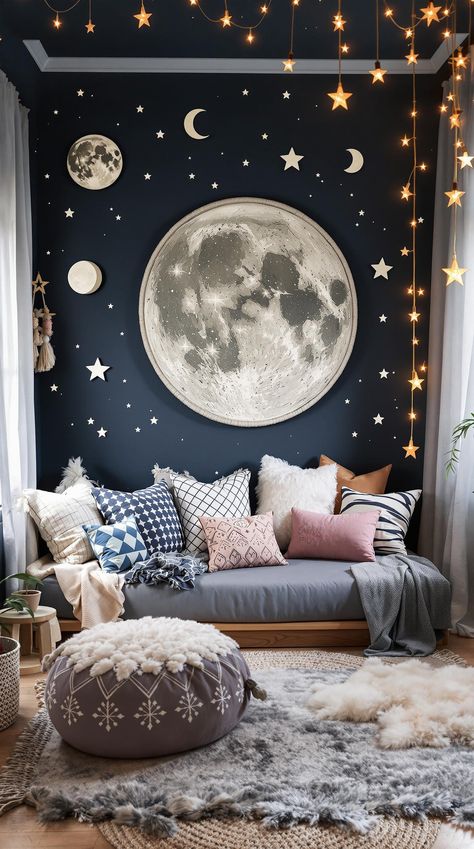 Boho Playroom Ideas Black Playroom, Boho Playroom Ideas, Magical Playroom, Chalkboard Wall Playroom, Boho Playroom, Playroom Idea, Boho Kids Room, Celestial Decor, Toddler Boys Room