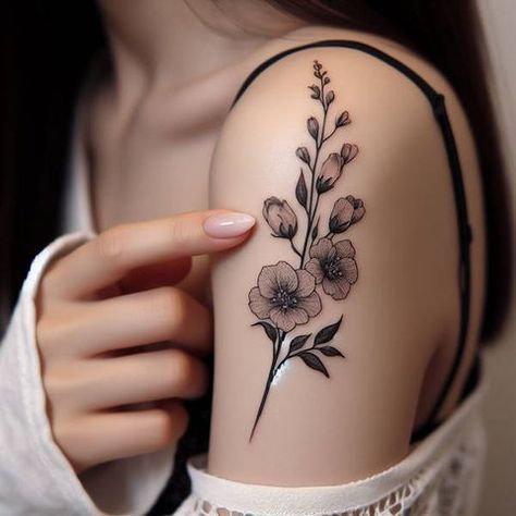 Larkspur Wrap Around Tattoo, July Larkspur Tattoo, July Birth Flower Tattoo Larkspur, Larkspur Tattoo, The Imposter, Daffodil Tattoo, Joys Of Life, Imposter Syndrome, Joy Of Life