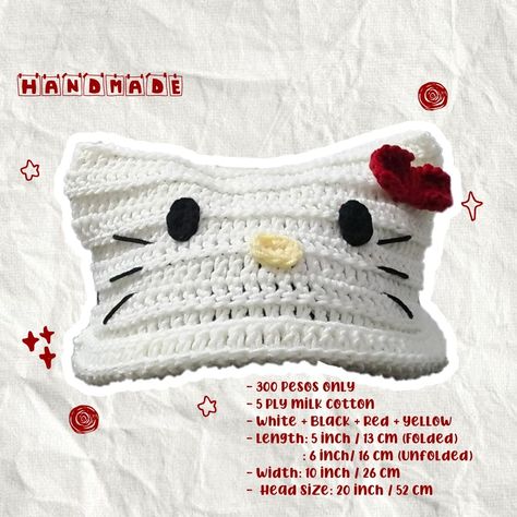 Cat Beanies, Hello Kitty Beanie, Kitty Beanie, Hello Kitty Cat, Cat Beanie, Crochet Design Pattern, Crochet Inspo, Hello Kitty Items, Crochet Cat