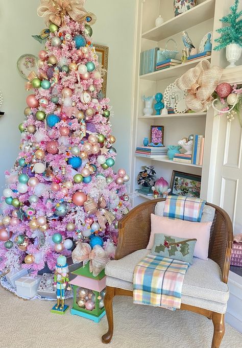 Christmas Decor Pastel Colors, New Christmas Decor Ideas 2022, Pastel Color Christmas Decor, Pastel Rainbow Christmas Tree, Pastel Christmas Ornaments, Christmas Tree Pastel Colors, Irridescent Christmas, Pink And Aqua Christmas Decor, Pink And Blue Christmas Decorations