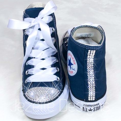 Swarovski Crystal Converse Custom Hand Jeweled Style: Converse All Star Chuck Taylor High Tops In Canvas Colors: Navy/White Sizes: Women's Size 6 / Men’s 4 Price Is Firm Details: Each Toe Is Completely Covered With Crystals Each Heel With 3 Rows Of Crystals Down The Back Bling Converse Rhinestone Sneakers Blinged Out Shoes Crystal Converse Custom Converse Hi Tops Blue All Stars Bedazzled Converse, Chuck Taylor High Tops, Low Top Tennis Shoes, How To Lace Converse, Blue Cowboy Boots, Converse Design, Bling Converse, High Top Chucks, Converse Custom