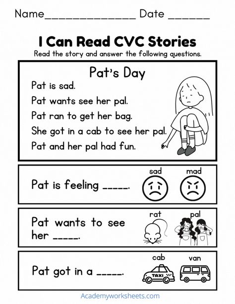 Cvc Stories, Short A Worksheets, Cvc Worksheets, Cvc Words Worksheets, Cvc Activities, Comprehension Exercises, Kindergarten Reading Worksheets, Literacy Worksheets, Teaching English Online