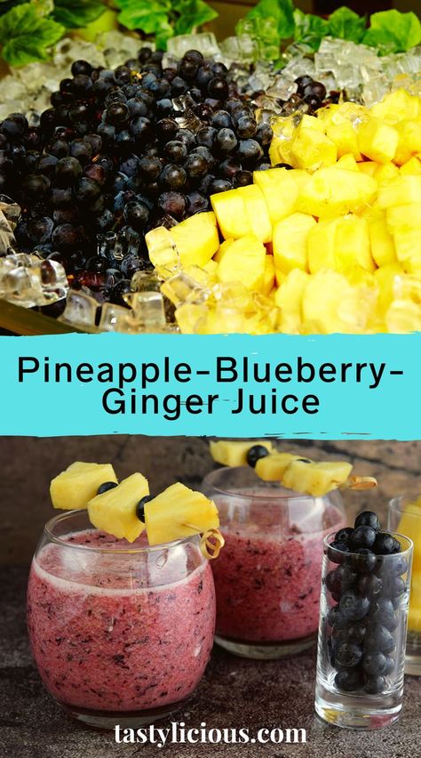 Pineapple-Blueberry-Ginger Juice Recipe | Blueberry-Ginger Juice Recipe | ginger and blueberry benefits | juicing recipes for weight loss | juice recipes | healthy juicer recipes | juicer recipes beginners | green juice recipes for weight loss Juicer Recipes For Inflammation, Juicing Blueberries Recipes, Omega Juicer Recipes, Blueberry Wellness Shots, Juicing Recipes With Blackberries, Juicing Recipes With Blueberries, Juicer Recipes Blueberry, Clean Juice Copycat Recipes, Dinner Juicing Recipes