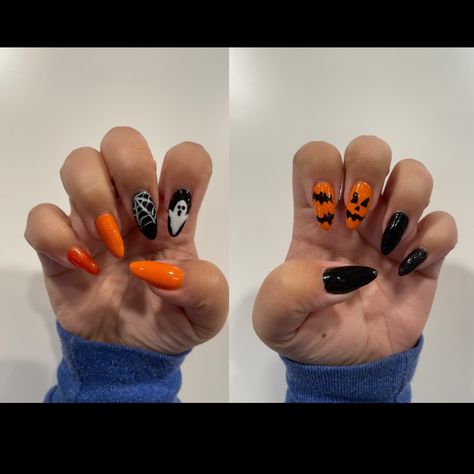 Simple Halloween Nails Almond, Jackolantern Nails, Ghost Jackolantern, Spooky Nails, Black Ghost, Halloween Orange, Halloween Nail Designs, Fall Nails, Easy Halloween