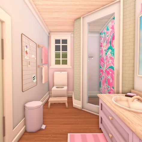 2 Person Bloxburg House Layout, 2x4 Bloxburg Bathroom, For Sale Sign Decals Bloxburg, Blush Bathroom Bloxburg, Pink Bathroom Bloxburg, Small Pastel Bloxburg Houses, Blush Theme Bloxburg House, Coquette Bathroom Bloxburg, Barbie Dream House In Bloxburg