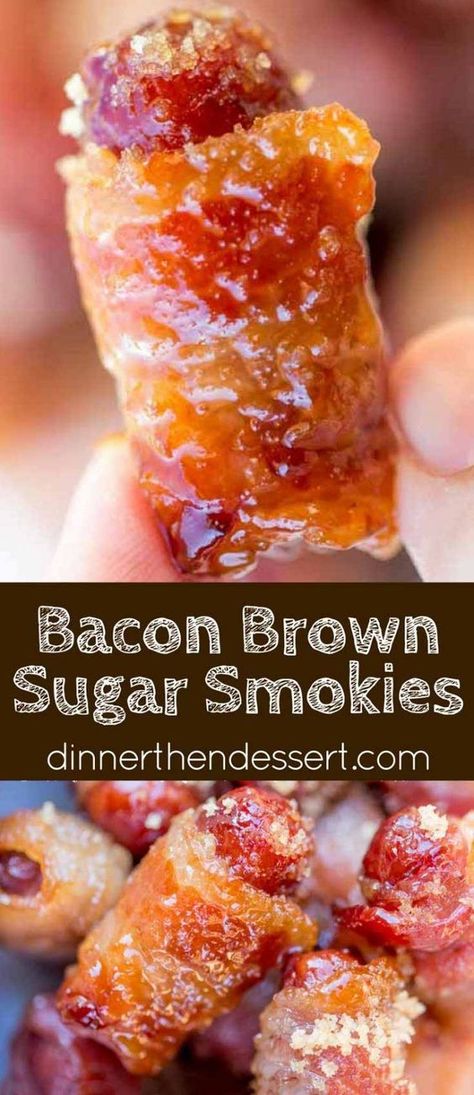 Bacon Brown Sugar Smokies are the quintessential party food that everyone fights over even though they're so easy to make! Just three ingredients plus I have five flavor add-in options for you! Brown Sugar Smokies, Bacon Wrapped Smokies, Brown Sugar Bacon, Thanksgiving Appetizer Recipes, Breakfast And Brunch, Party Finger Foods, Football Food, Finger Food Appetizers, Snacks Für Party