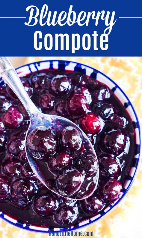 Looking for Blueberry recipes ideas? Treat yourself to this scrumptious Blueberry Compote! Learn how to make the BEST Blueberry Compote with five simple ingredients: fresh blueberries (or frozen), sugar, lemon, water, and salt. This delicious, homemade Blueberry Sauce recipe is quick and easy to make, and it’s perfect for topping pancakes, waffles, French toast, ice cream, cheesecake, yogurt, cake, crepes, and more. Vegetarian, Vegan, Dairy Free, and Gluten Free recipe. | Hello Little Home Blueberry Compote Easy, Veggie Recipes Breakfast, Cake Crepes, Frozen Blueberry Recipes, High Protein Low Carb Recipes Dinner, Blueberry Compote Recipe, Cheesecake Yogurt, Ice Cream Cheesecake, Fresh Blueberry Recipes