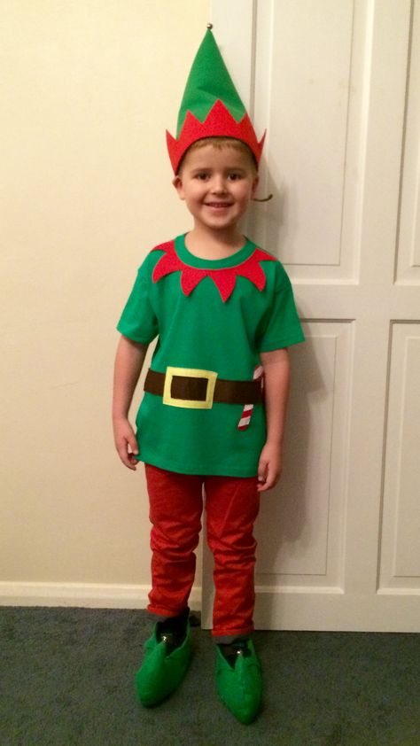 Elf costume Christmas DIY Boys Elf Costume, Elf Costume Diy, Christmas Elf Costume Diy, Diy Elf Costume, Diy Christmas Costumes, Diy Christmas Elves, Christmas Costumes Diy, Diy Costumes Kids Boys, Elf Shirts