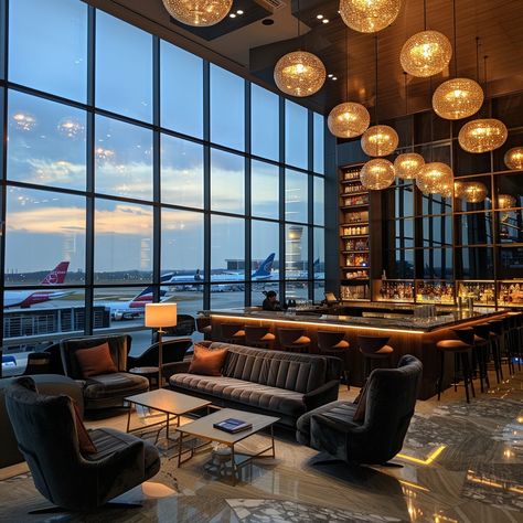 Airport Lounge Elegance: A sophisticated airport lounge awaits travelers with plush seating and a serene view of planes at dusk. #airport #lounge #luxury #travel #relaxation #aiart #aiphoto #stockcake ⬇️ Download and 📝 Prompt 👉 https://ayr.app/l/1Rpc Lounge Hotel Design, First Class Lounge Airport, Airport Lounge Aesthetic, Vip Lounge Design Luxury, Luxury Airport Lounge, Hotel Lounge Interior, Plane Luxury, Lounge Airport, Airport Vip Lounge