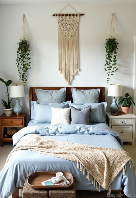 Light Blue Boho Bedroom Light Blue Gold Bedroom, Light Blue And Wood Bedroom, Light Blue Wall Bedroom Ideas, Blue And Green Bedroom Ideas, Light Blue Boho Bedroom, Blue Boho Bedroom Ideas, Blue Boho Bedroom, Wall Art Plants, Blue And Gold Bedroom