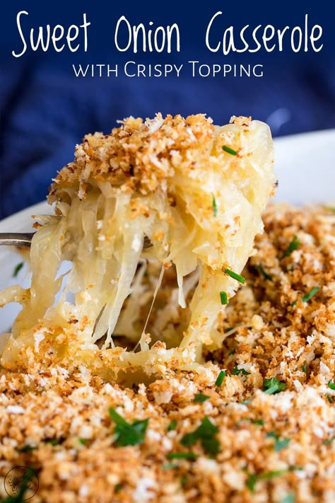 This Sweet Onion Casserole with Crispy Breadcrumbs Topping is a unique make ahead side dish. Onion is so overlooked as a vegetable, often it just added to dishes rather than being the star of the dish. This easy Thanksgiving side dish takes onions and turns them into the BEST kind of casserole - one that is packed wth flavor and goes with everything! #thanksgivingside #casserole Sweet Onion Casserole, Thanksgiving Side Dishes Crockpot, Vidalia Onion Recipes, Thanksgiving Recipes Side Dishes Veggies, Easy Thanksgiving Sides, Thanksgiving Recipes Side Dishes Easy, Onion Casserole, Thanksgiving Side Dishes Healthy, Best Thanksgiving Side Dishes