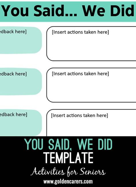 You Said, We Did Template: This "You Said, We Did" template is perfect for displaying on notice boards, sharing at meetings, or including in newsletters. It allows you to showcase your responses to any feedback received. Pythagorean Theorem Worksheet, Nursing Home Activities, Landmark Poster, Storyboard Template, Turkey Coloring Pages, Notice Boards, Elderly Activities, Activity Director, Pythagorean Theorem