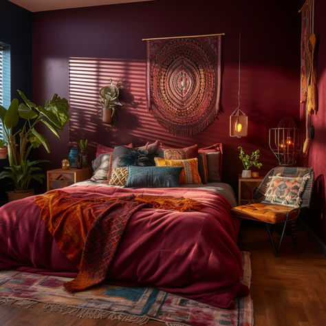 11 BoHo (Bohemian) Colors to Try in Your Home Burgundy Boho Bedroom, Maroon Boho Bedroom, Burgundy And Pink Bedroom, Cream Coloured Bedroom, Sunset Aesthetic Room, Red Boho Bedroom, Seductive Bedroom Ideas, Moody Boho Bedroom, Maroon Bedroom