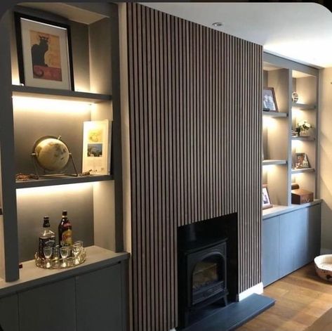 Wood Wall And Ceiling, Chesterfield Derbyshire, Deco Tv, Fireplace Feature Wall, Living Room Panelling, Wood Wall Panel, Feature Wall Living Room, Floor Boards, Wood Slat Wall