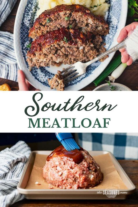 Classic comfort food with a Southern twist! You just can't beat a moist, flavorful, tender Southern meatloaf recipe that brings your family together around the table. Pair the easy dinner with mashed potatoes, cornbread, collard greens, or green beans for a simple, cozy dish that everyone loves! Southern Meatloaf Recipes, Southern Style Meatloaf, Southern Meatloaf, How To Cook Meatloaf, Fresh Bread Crumbs, Honey Cornbread, The Seasoned Mom, Best Meatloaf, Southern Dishes