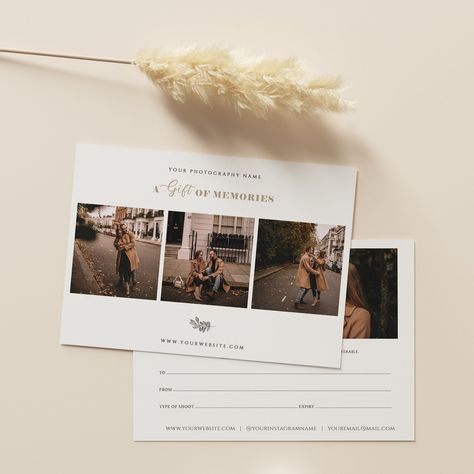 "A modern photography gift certificate template in 5x7 format with easily customisable text and photos.  This template is a DIGITAL product, which will be INSTANTLY DOWNLOADED and can be used immediately once payment is processed.  All you need to do is insert your own photos and text! ✦ What's included ✦  2 Customisable PSD files in 5x7\" (front and back)  Easy to edit colours, photos and fonts  Links to download free fonts  PDF file with instructions  Video demonstration on how to use this template  ✦ Please note, this is an instant digital download template, therefore no physical items will be shipped. ✦ The photos used are for preview purposes only and not included in the download. ✦ Adobe Photoshop is required for you to edit this template. ✦ Basic knowledge of the software needed to Photography Gift Certificate Template, Photography Gift Certificate, Voucher Design, Gift Card Template, Mini Session Template, Gift Card Design, Card Photography, Photography Templates, Gift Certificate Template