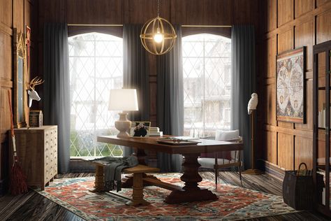 Harry - Here’s What ‘Harry Potter’ Characters’ Homes Would Look Like in 2019 Harry Potter Interior Design, Harry Potter Interior, Deer Head Wall Decor, Harry Potter Style, Harry Potter Decor, Harry Potter Room, Large Dining Room, Character Home, Traditional Furniture