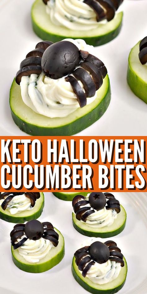 Keto Spider Cucumber Appetizer Bites #ketohalloweenspidercucumberbites #halloweenspidercucumberbites Cute Halloween Party Food Ideas, Veggies For Halloween Party, Halloween Cucumber Spider, Halloween Cucumber Sandwiches, Healthy Halloween Party Snacks, Easy Halloween Snacks Healthy, Halloween Keto Food, Vegetable Halloween Snacks, Halloween Spider Food Ideas