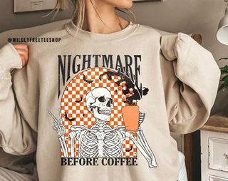 WildlyFreeTeeShop - Etsy Checkered Backdrop, Crafts To Make Money, Buddy Walk, Coffee Skeleton, Mini Shirts, Western Sweaters, Halloween Merch, Red Crew Neck Sweater, Nightmare Before Coffee