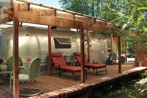 Airstream Basecamp, Patio Decks, Airstream Living, Airstream Bambi, Camping Vintage, Airstream Remodel, Airstream Interior, Airstream Renovation, Trailer Life