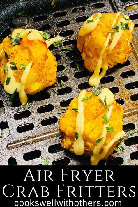 Crab fritters in the air fryer basket Crab Fritters Recipe, Crab Fritters, Crab Balls Recipe, Crab Cake Bites, Fishball Recipe, Crab Balls, Fried Crab Cakes, Air Fryer Crab, Cake Ball Recipes