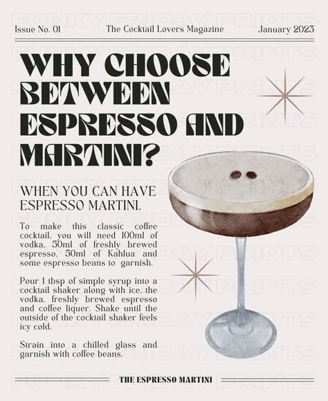 Espresso Martini Aesthetic Vintage, Martini Aesthetic Vintage, Martini Quotes, Espresso Martini Birthday, Living Room Wall Shelves, Room Wall Shelves, Aesthetic Bar Cart, Poster Dorm Room, Retro Newspaper